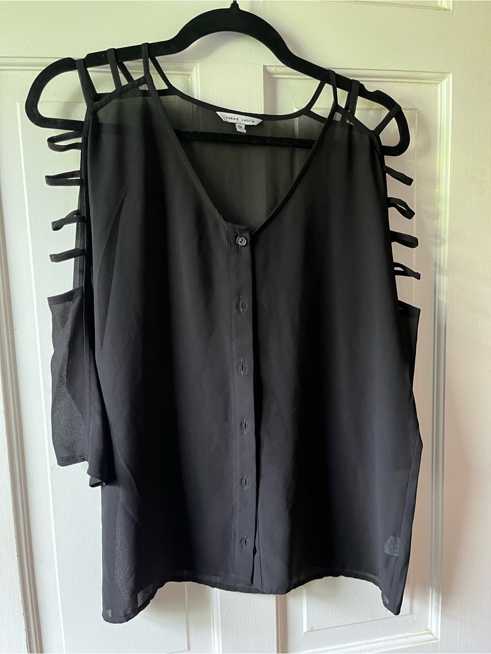 Naked Zebra Black Strappy Cold-Shoulder Button Front Blouse